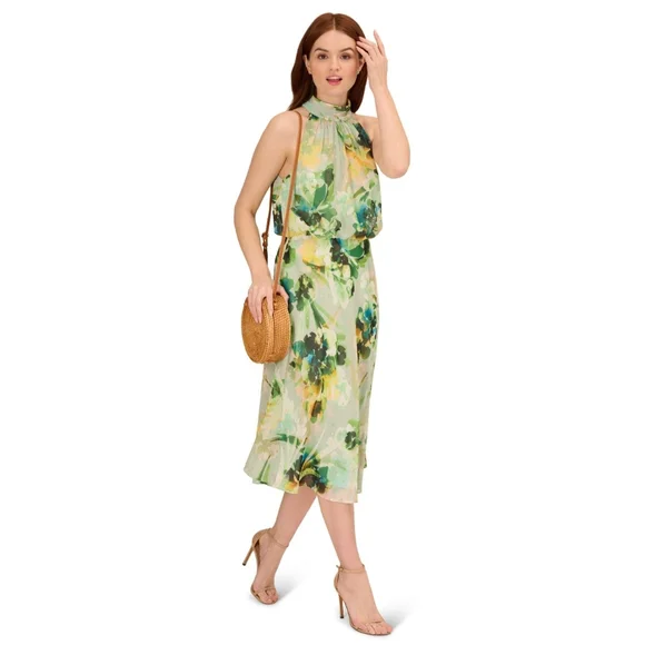 knee length dresses for ladies Blue Multi One Shoulder Floral Twill Midi Dress